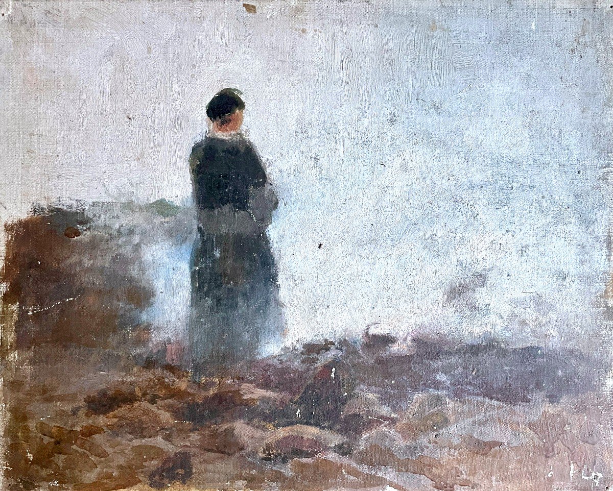 Henri Royer - Bretonne Dans La Brune - Huile Sur Toile Marouflée Sur Panneau