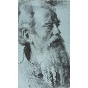 19th Century German School - Portrait Of A Bearded Man - Drawing On Blue Paper