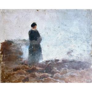 Henri Royer - Bretonne Dans La Brune - Huile Sur Toile Marouflée Sur Panneau