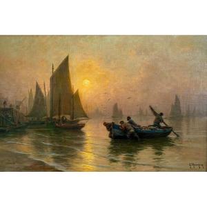 Georges Maroniez - Coucher De Soleil Sur Le Port De Boulogne - Grande Huile Sur Toile