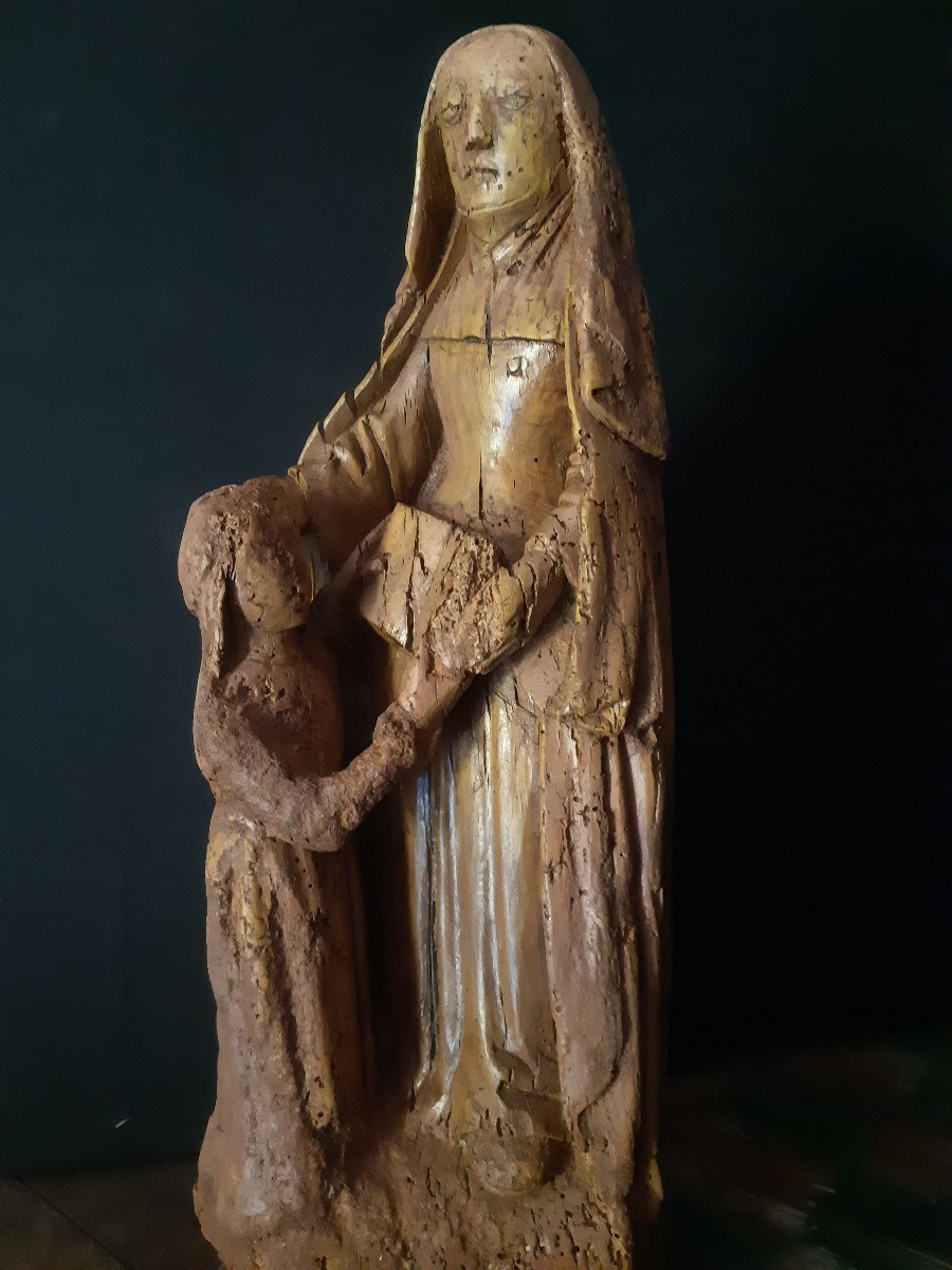 Flemish School Of The XVIth Century, Wooden Sculpture Of The Education Of The Virgin H 40 Cm