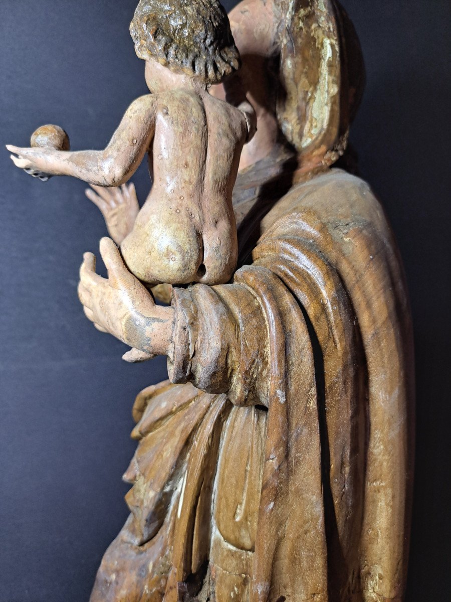 France 18th Century, Sculpture Of Virgin And Child Holding The Globe (h 66 Cm)-photo-3