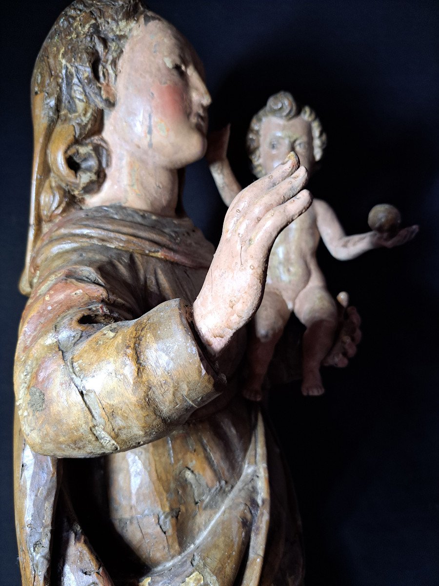France 18th Century, Sculpture Of Virgin And Child Holding The Globe (h 66 Cm)-photo-7