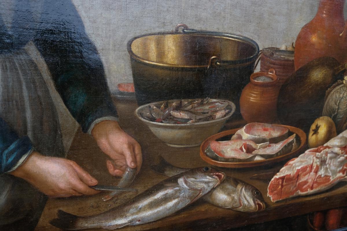 Dutch School XVIIth, Entourage De Van Schooten: Woman In The Kitchen (139 X 103,5 Cm)-photo-4