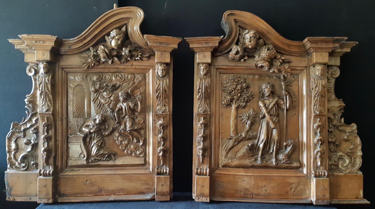 Walnut Carved Retable Elements XVII (h 67,5 Cm / L 62 Cm Each)-photo-2