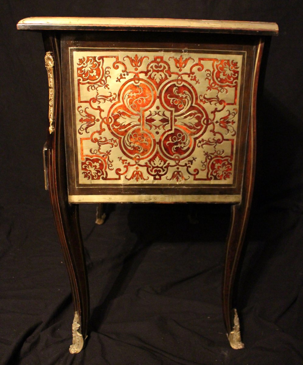 Rare Petit bureau  en marqueterie Boulle Epoque Louis XIV début XVIIIème  en placage d'écaille rouge et laiton (L85 cm / H 82 cm)-photo-4