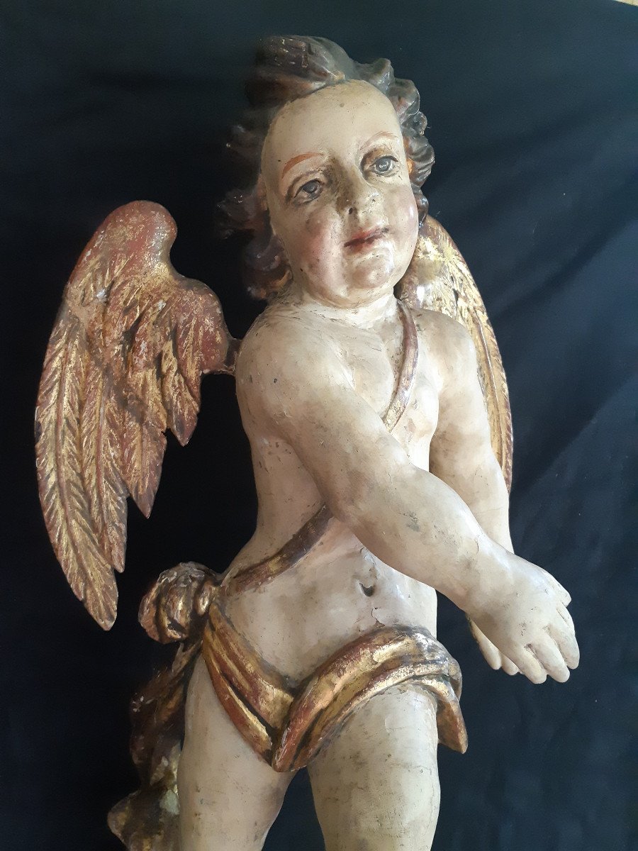 Grande Paire d'Anges En Bois Sculpté Polychromé Et Doré,  Espagne  XVIIème  ( H 68 Cm )-photo-2