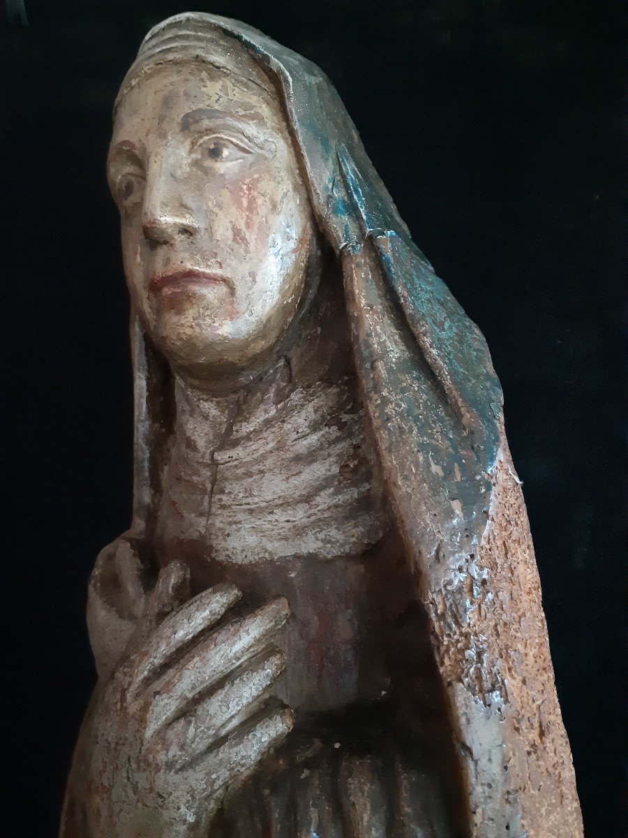 Large Sculpture Of Virgin Of Calvary In Polychromed Wood XVIth (h109 Cm)-photo-2