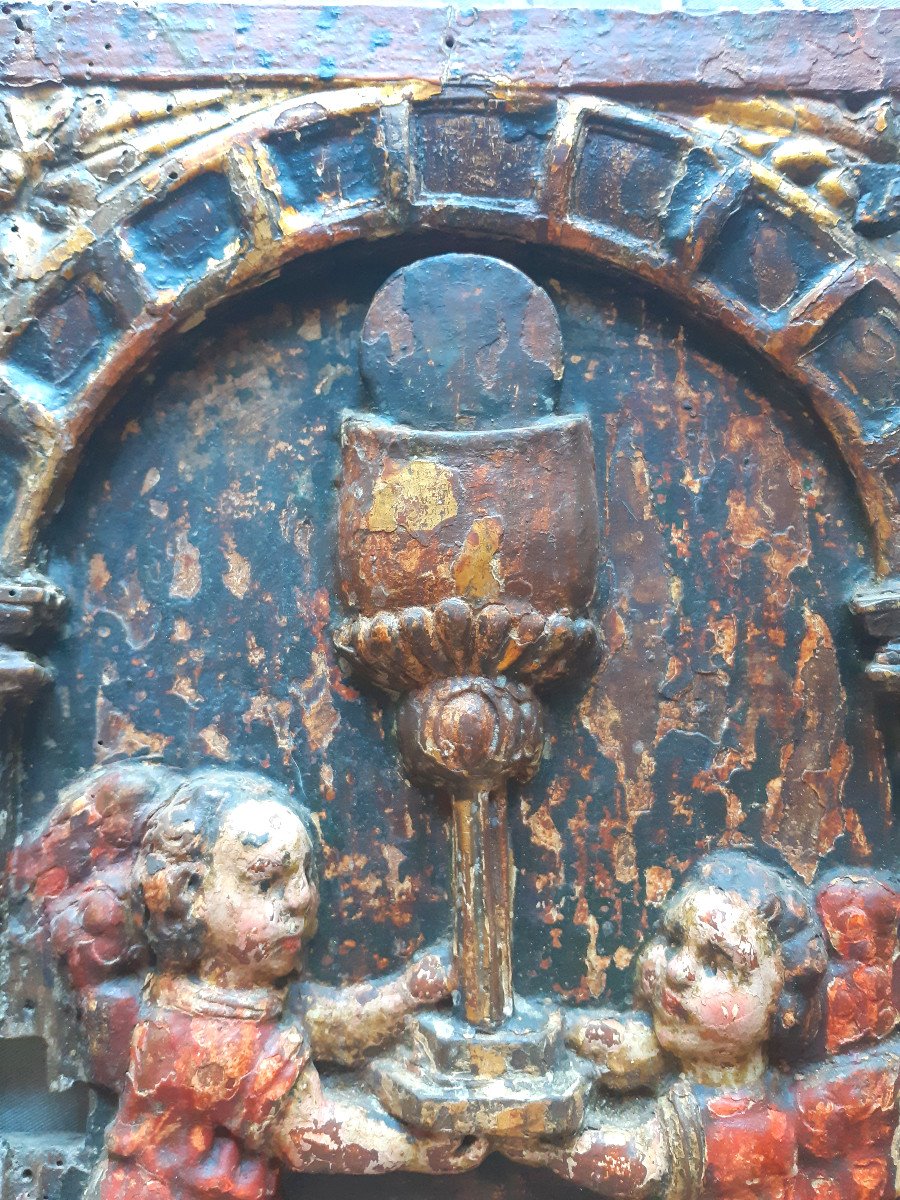 Tabernacle Door Decorated With A Putti Scene, 17th Century ( H 45 X 29 Cm)-photo-4