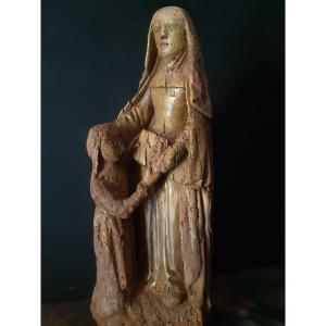 Flemish School Of The XVIth Century, Wooden Sculpture Of The Education Of The Virgin H 40 Cm