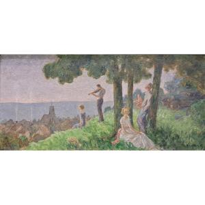 European School Around 1930, The Violinist In Front Of The Sea H 58 Cm / L 120 Cm