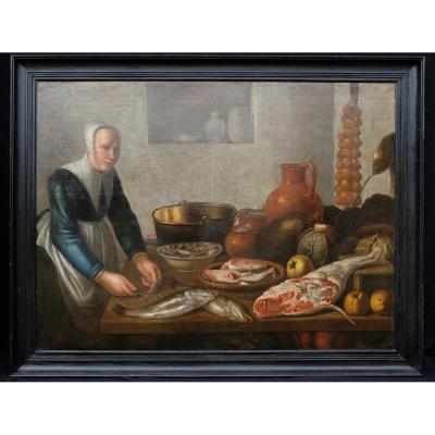 Dutch School XVIIth, Entourage De Van Schooten: Woman In The Kitchen (139 X 103,5 Cm)