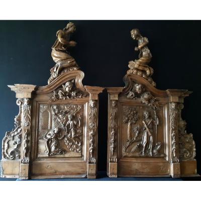 Walnut Carved Retable Elements XVII (h 67,5 Cm / L 62 Cm Each)