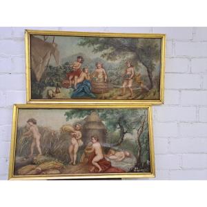 Ecole Française Fin XIXème, Paire d'Huiles Sur Toile l'Ete Et l'Automne (H 40 X L 83 Cm)