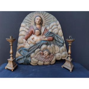 Ecole Allemande Fin XVIIIè Début XIXè :  Grand Tondo De Vierge à l'Enfant  (H 60 Cm L 57 cm)