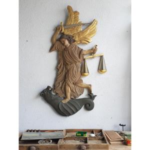 France, XIXth Century, Large Wall Sculpture Saint Michel Terrassant Le Dragon H 124 Cm