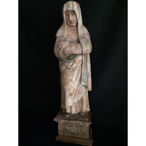 France Fin XVème, Vierge De Calvaire  En Bois Polychromé  ( H 90 Cm)