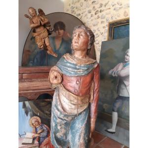 Sculpture De St Jean De Calvaire En Bois Polychromé XVIIIème Hauteur 95 Cm