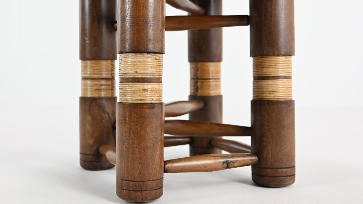 Charles Dudouyt, Side Table In Solid Oak And Cane. C.1940-photo-1