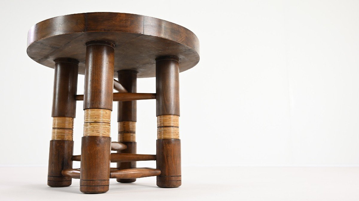 Charles Dudouyt, Side Table In Solid Oak And Cane. C.1940-photo-8