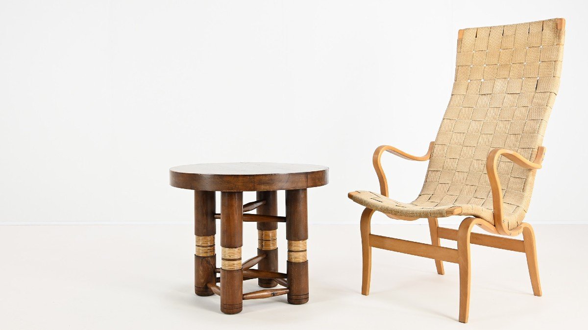 Charles Dudouyt, Side Table In Solid Oak And Cane. C.1940