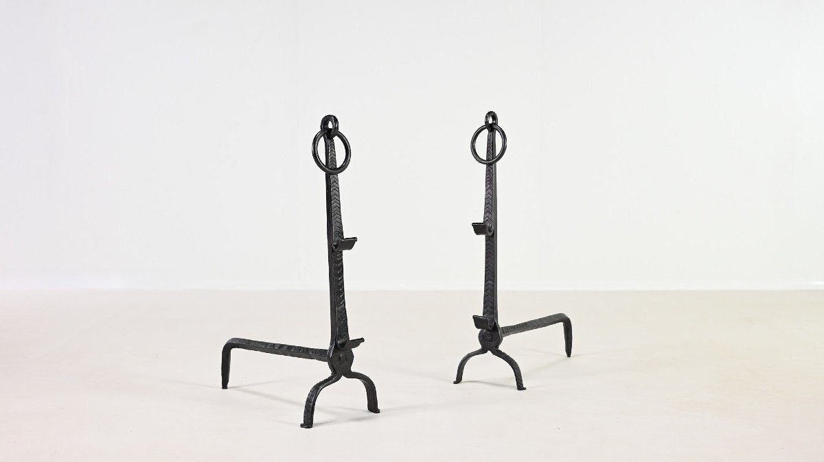 Pair Of Wrought Iron Andirons. France, 18th Century