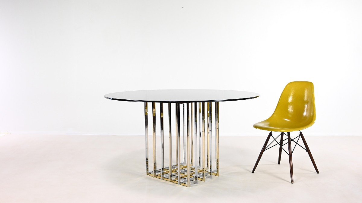 Pierre Cardin, Table De Salle à Manger « Cage », Acier Chromé Et Doré. France, Vers 1970.