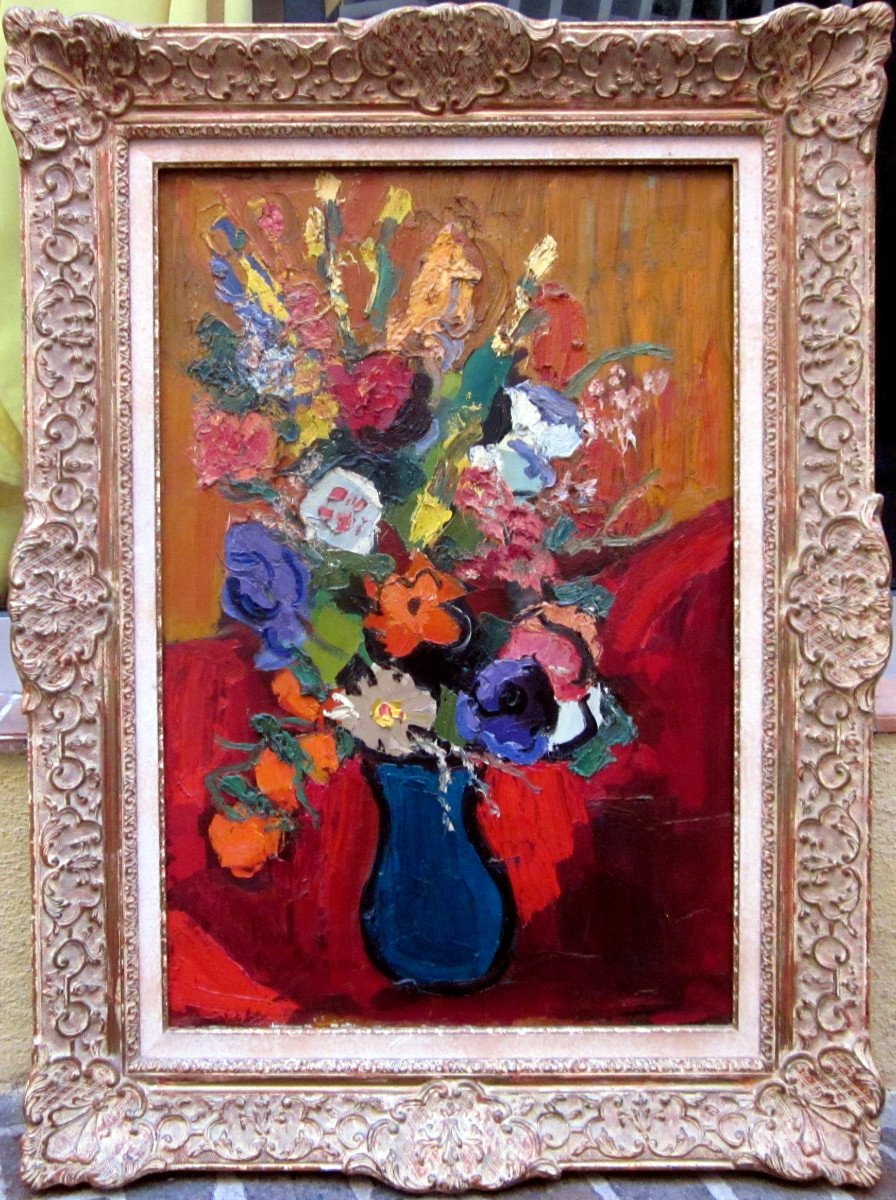 Pierre Ambrogiani  (1907-1985) Bouquet  De Fleurs Au Vase Bleu-photo-2