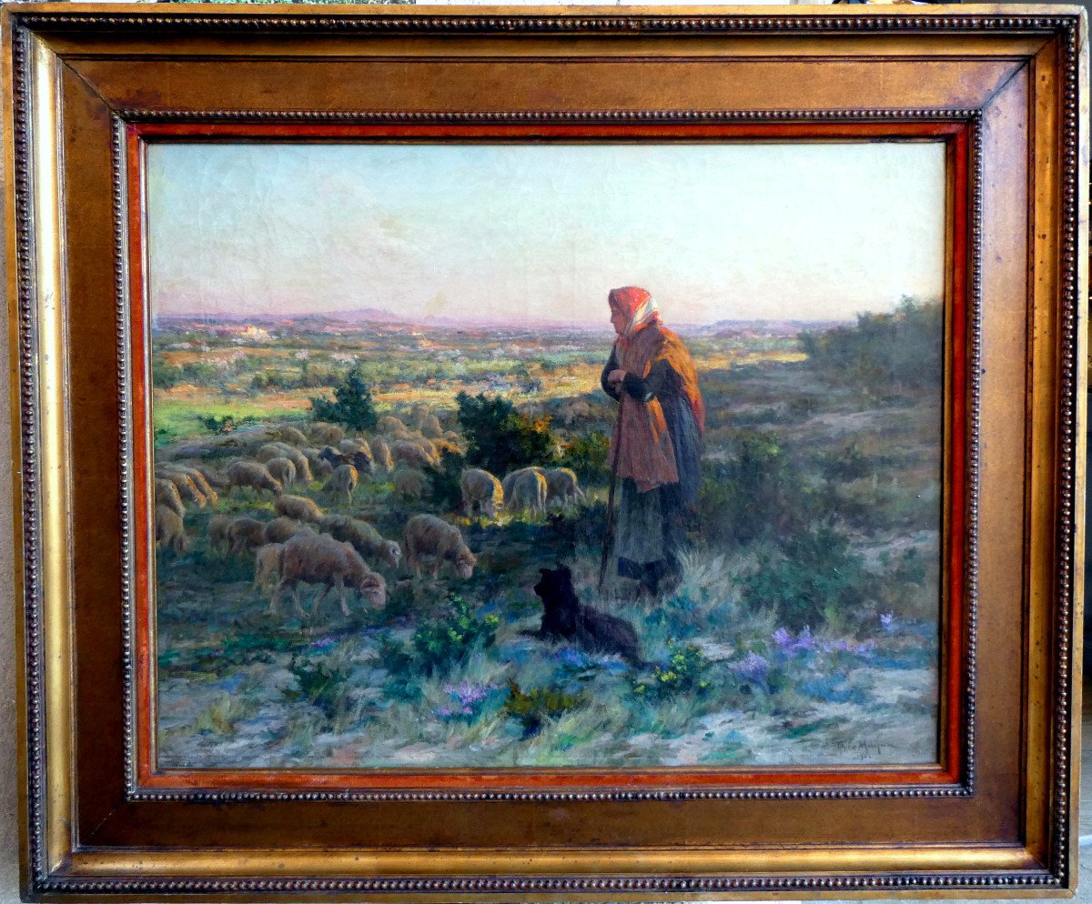 Théophile Mayan (1860-1936) Shepherdess And Her Dog Guarding The Sheep-photo-2
