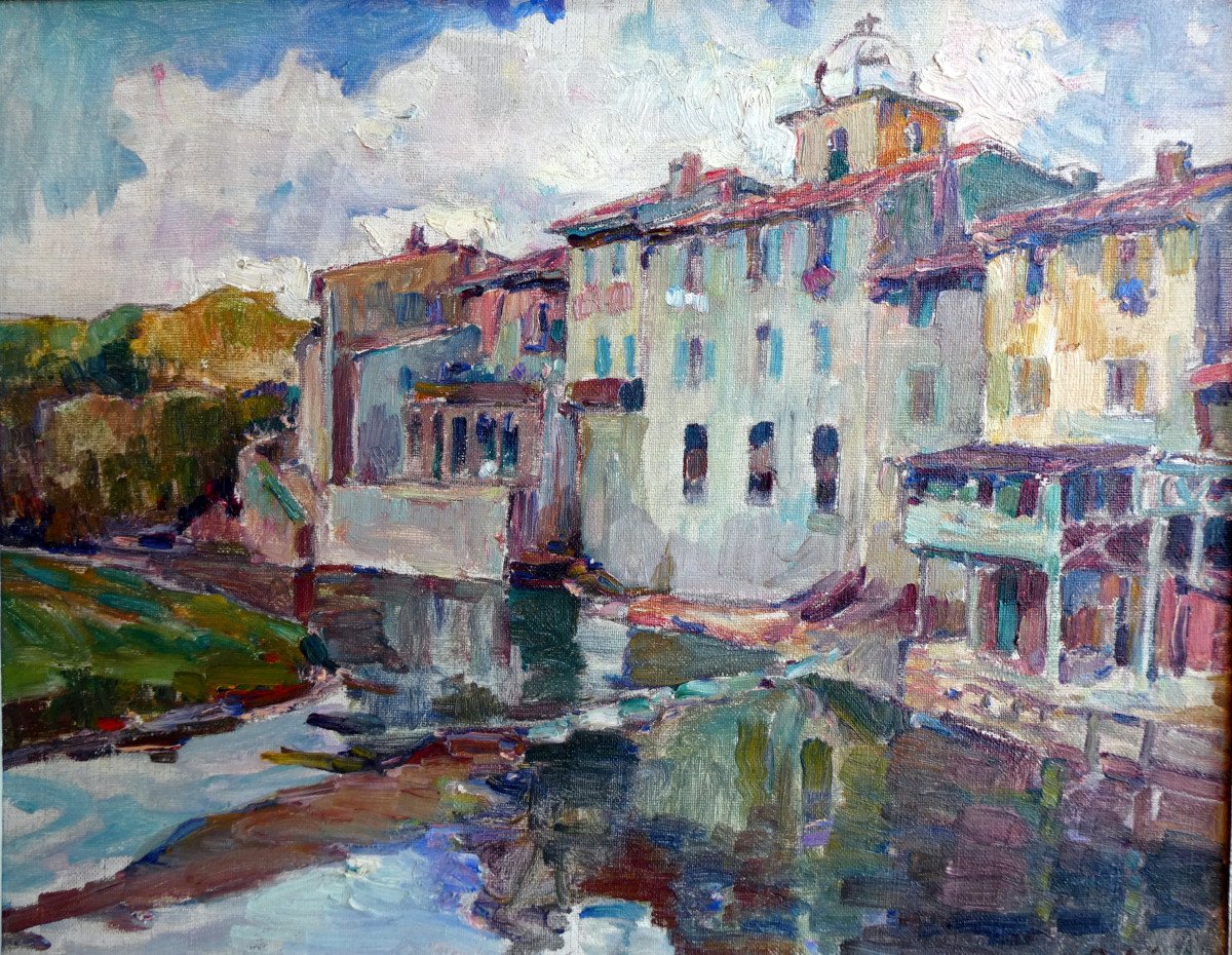 Jean Aubery (1880-1952) Village On The Edge Of A River In Provence-photo-2