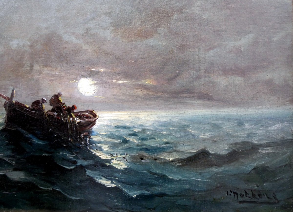 Louis Nattero (1870-1915) Scène De Pêche Au Clair De Lune-photo-3