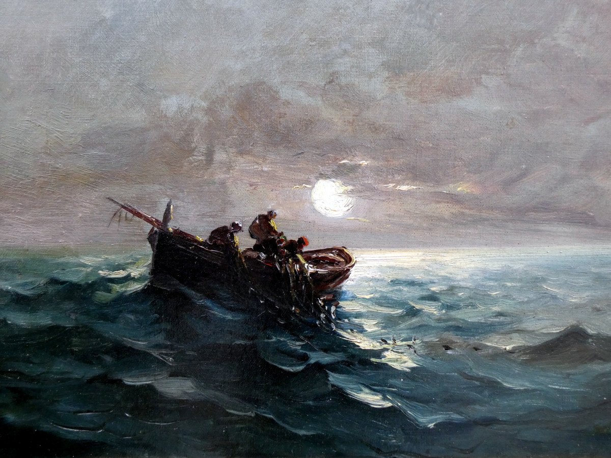 Louis Nattero (1870-1915) Scène De Pêche Au Clair De Lune-photo-1