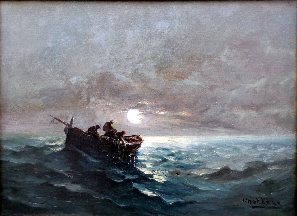 Louis Nattero (1870-1915) Scène De Pêche Au Clair De Lune-photo-3