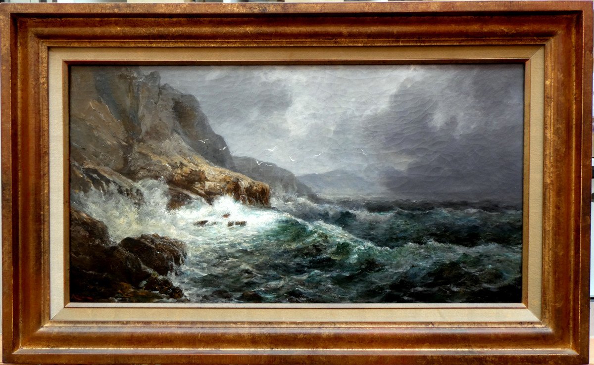 Raphaël Ponson (1835-1904) Bord De Mer Par Temps d'Orage-photo-2