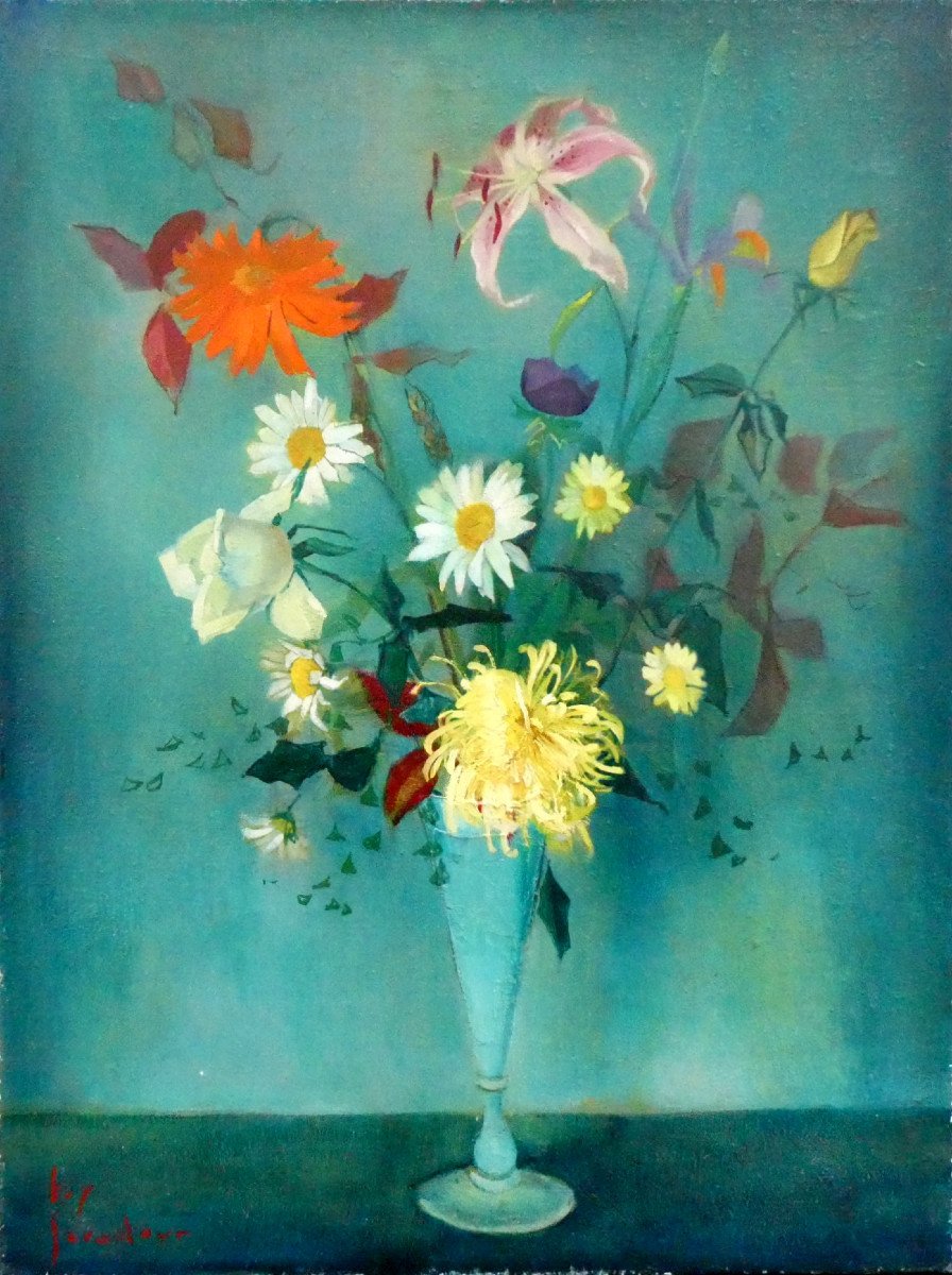 Guy Seradour (1922-2007) Bouquet On Green Background-photo-6