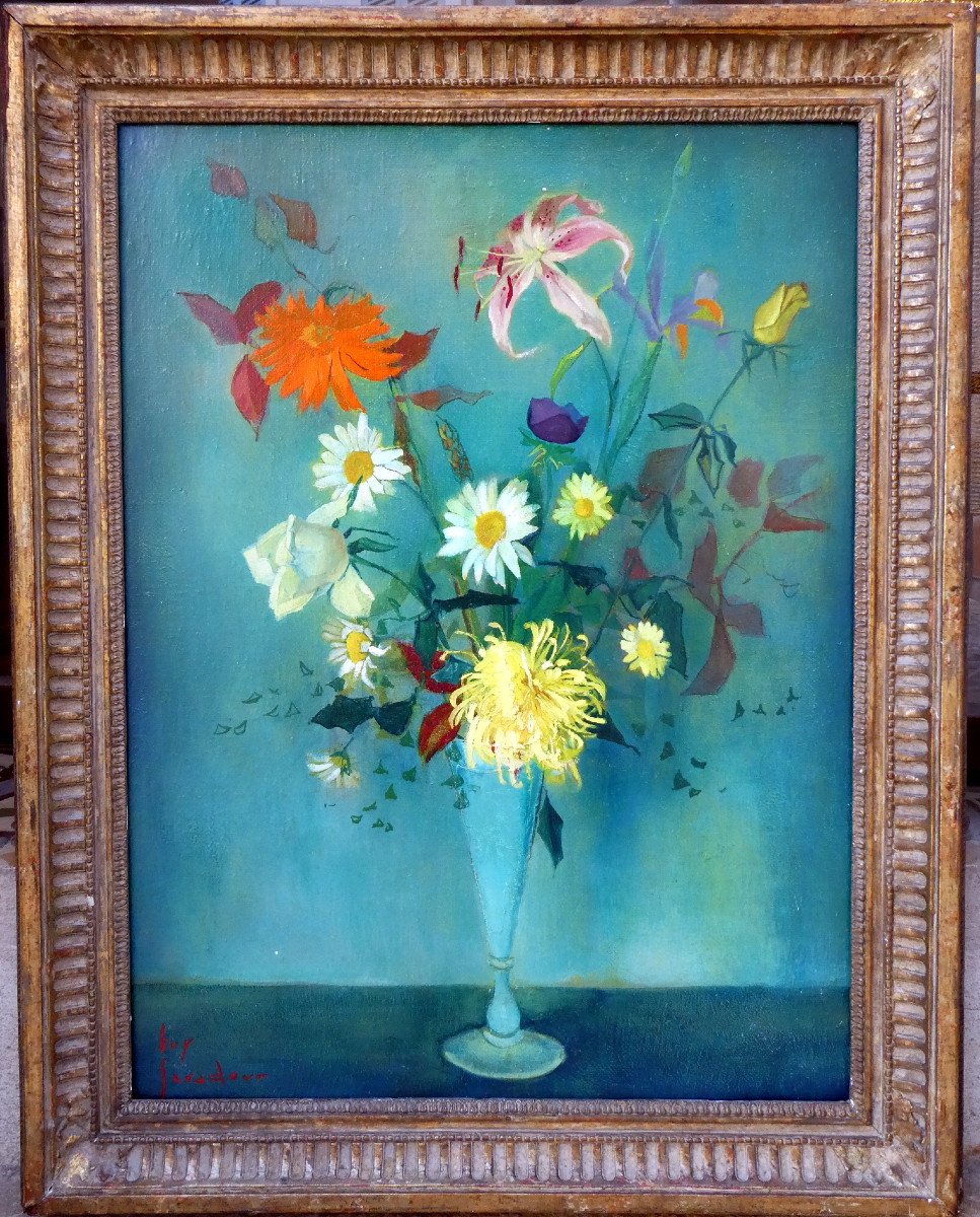 Guy Seradour (1922-2007) Bouquet On Green Background-photo-7