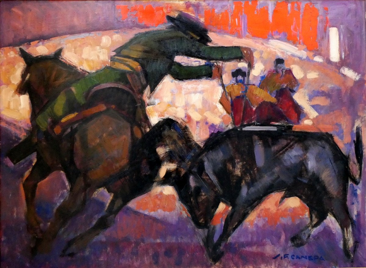 Jean-frédéric Canepa (1894-1981) Horseback Corrida Scene - Réjonéo - Rejonéador-photo-2