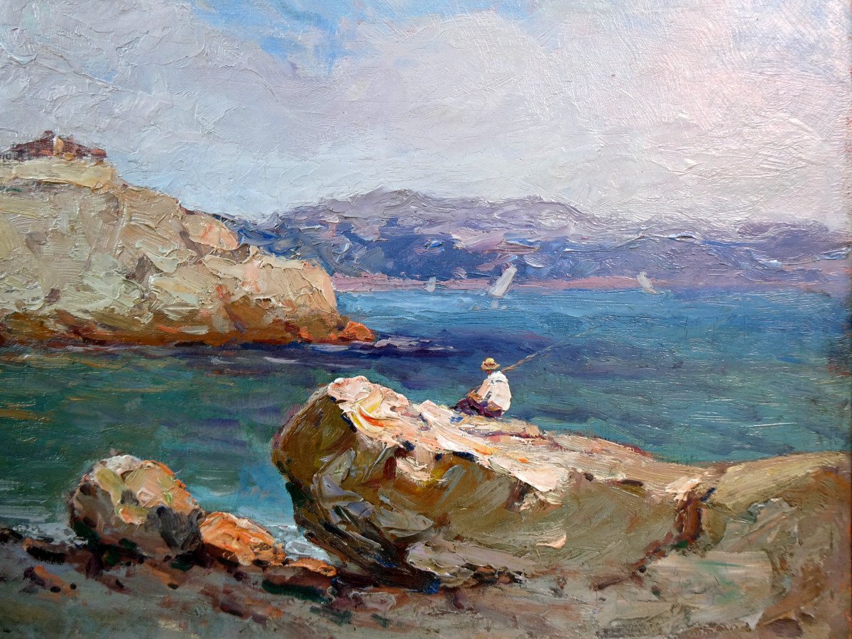 Sauveur Bernay-théric (1874-1963) Pêcheur à La Ligne Sur Les Rochers De La Corniche à Marseille-photo-4