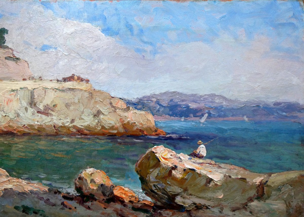 Sauveur Bernay-théric (1874-1963) Pêcheur à La Ligne Sur Les Rochers De La Corniche à Marseille-photo-4