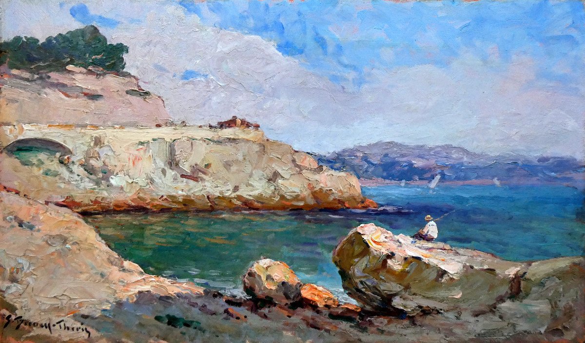 Sauveur Bernay-théric (1874-1963) Pêcheur à La Ligne Sur Les Rochers De La Corniche à Marseille