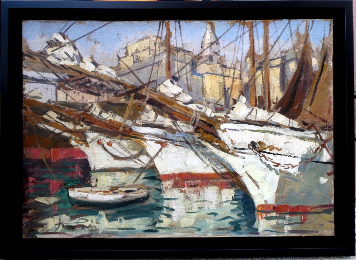 Jean Lair De La Haye (1889-?) Schooners At Quay In The Old Port Of Marseille-photo-2