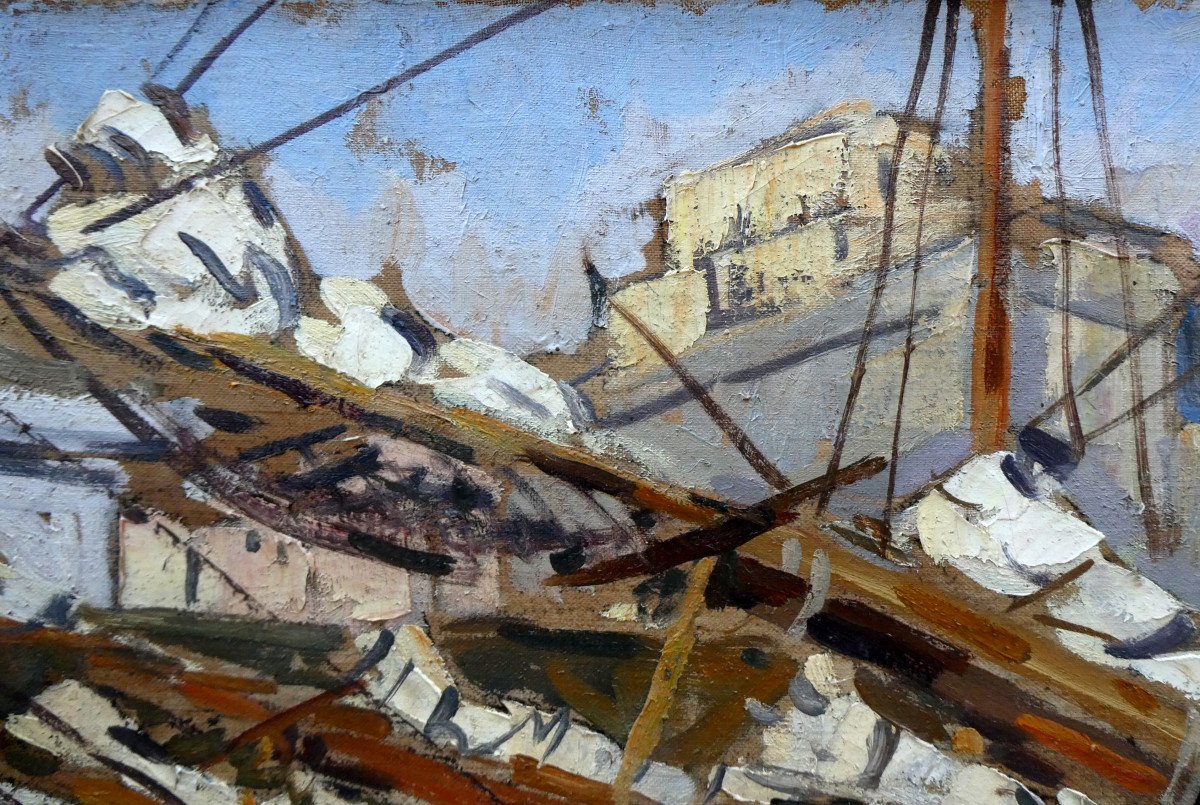 Jean Lair De La Haye (1889-?) Schooners At Quay In The Old Port Of Marseille-photo-5