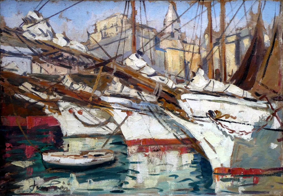 Jean Lair De La Haye (1889-?) Schooners At Quay In The Old Port Of Marseille-photo-6