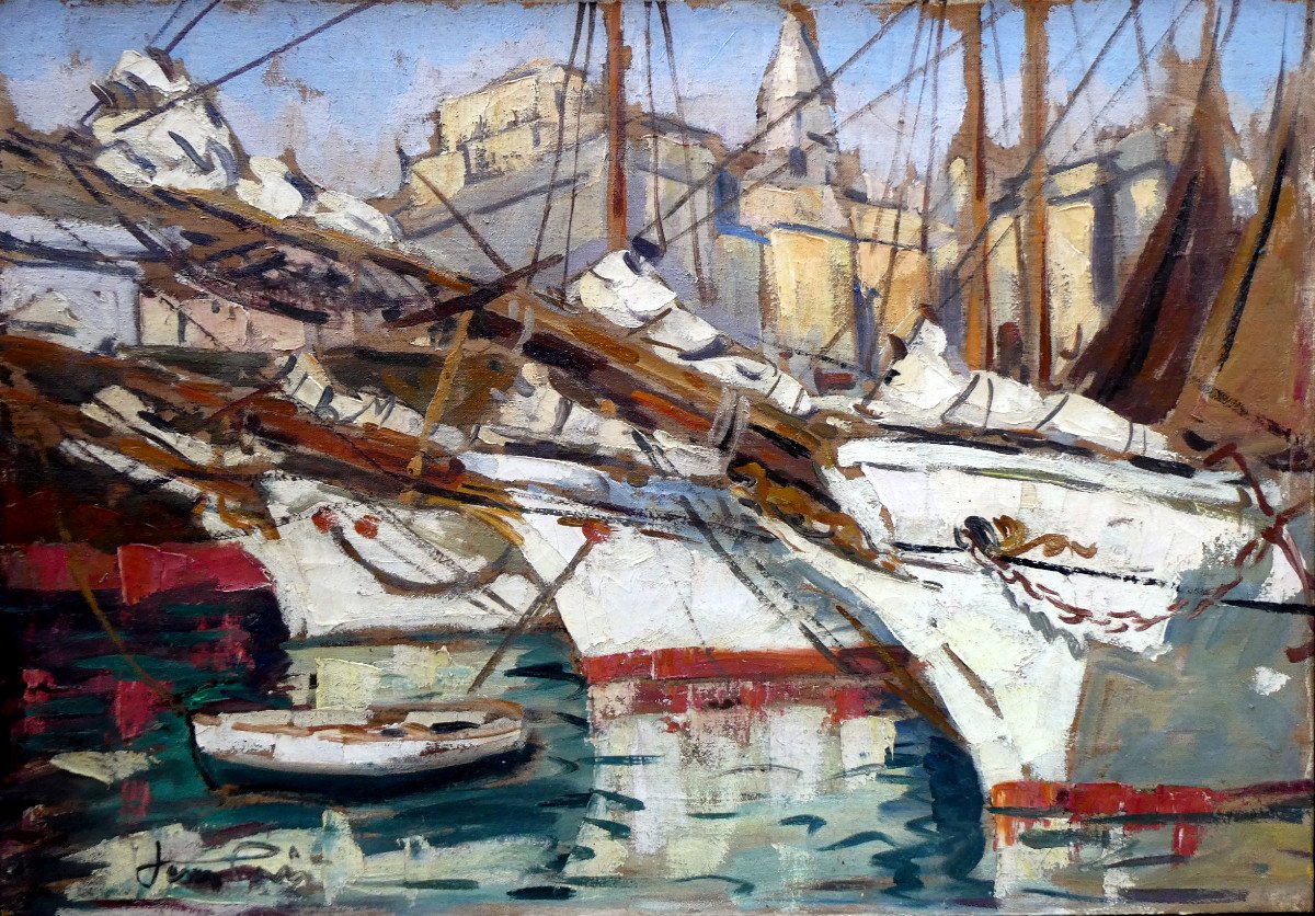 Jean Lair De La Haye (1889-?) Schooners At Quay In The Old Port Of Marseille-photo-8