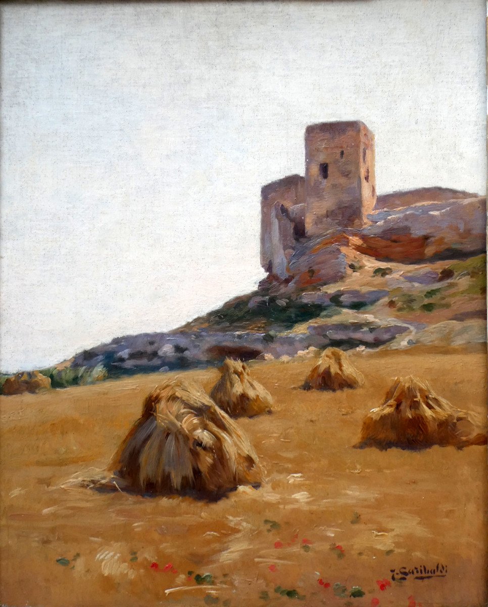 Joseph Garibaldi (1863-1941) Straw Stacks Under The Chateau De l'Hauture In Fos Sur Mer-photo-5