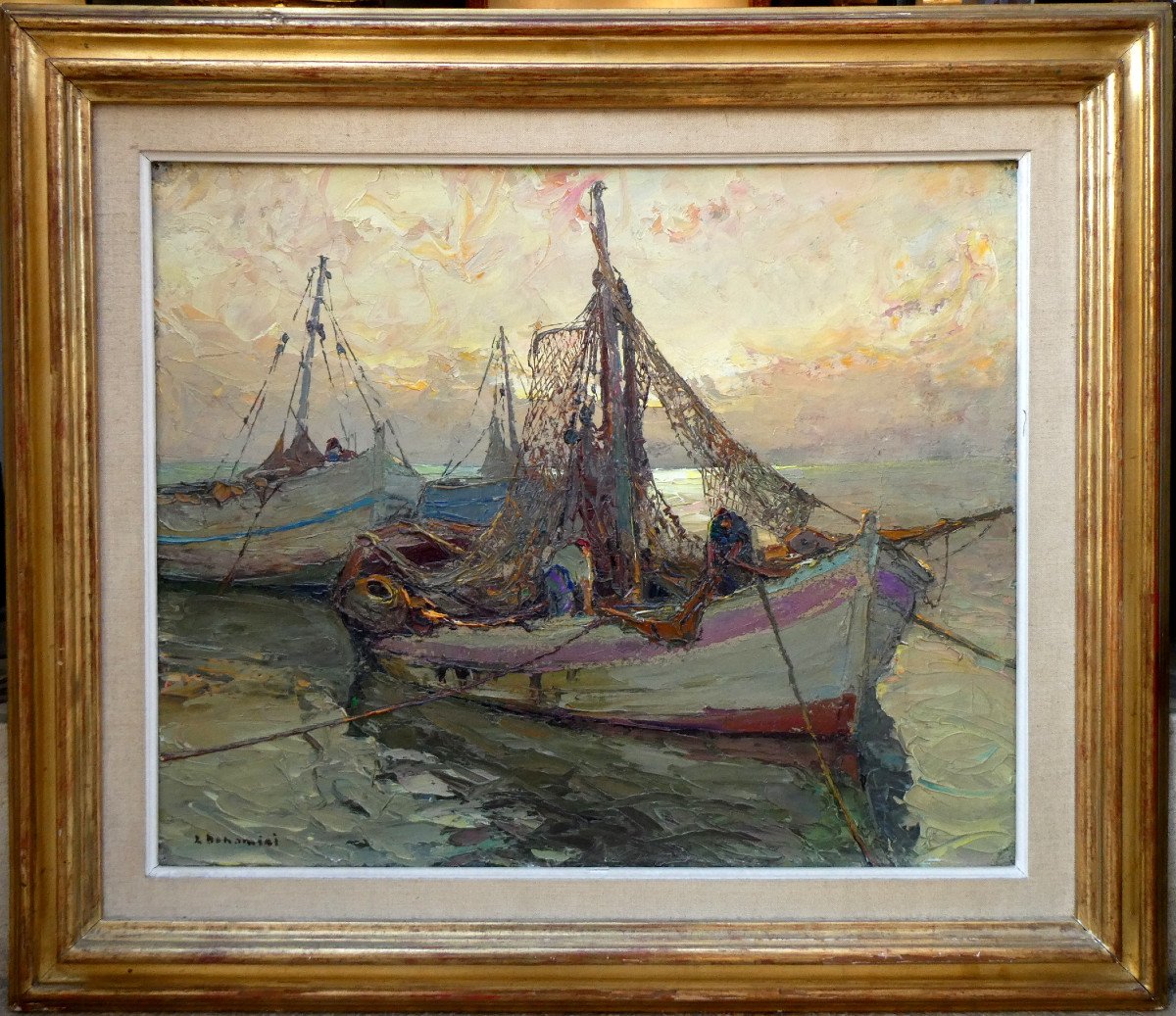 Louis Bonamici (1878-1966) Fishing Boats At Sunrise-photo-2