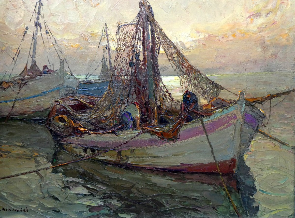 Louis Bonamici (1878-1966) Fishing Boats At Sunrise-photo-2