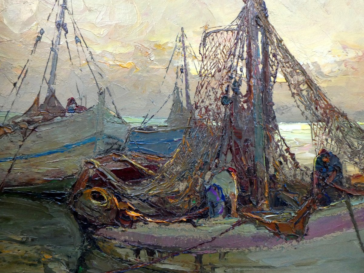 Louis Bonamici (1878-1966) Fishing Boats At Sunrise-photo-3