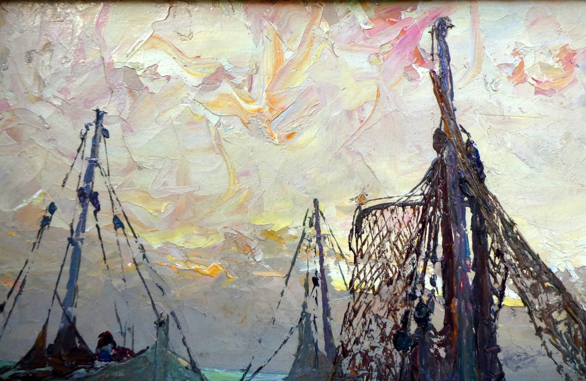 Louis Bonamici (1878-1966) Fishing Boats At Sunrise-photo-4