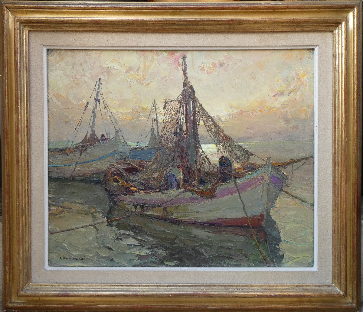 Louis Bonamici (1878-1966) Fishing Boats At Sunrise-photo-6